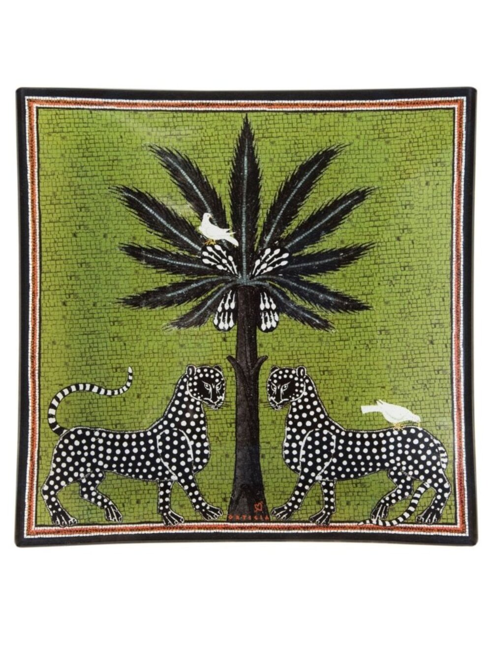 ORTIGIA Glass Art Plate in Mosaico Green Gattopardo Print NWOT